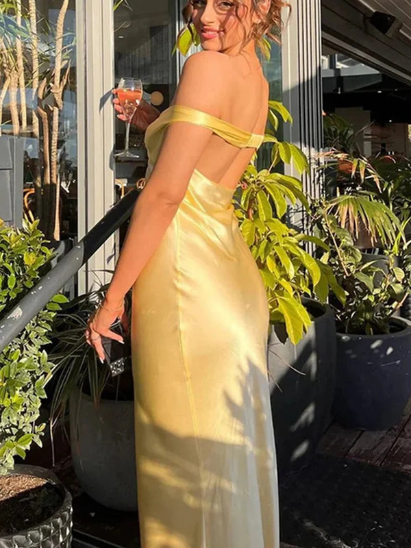 Sheath/Column Off Shoulder Satin Floor-Length Formal Dresses