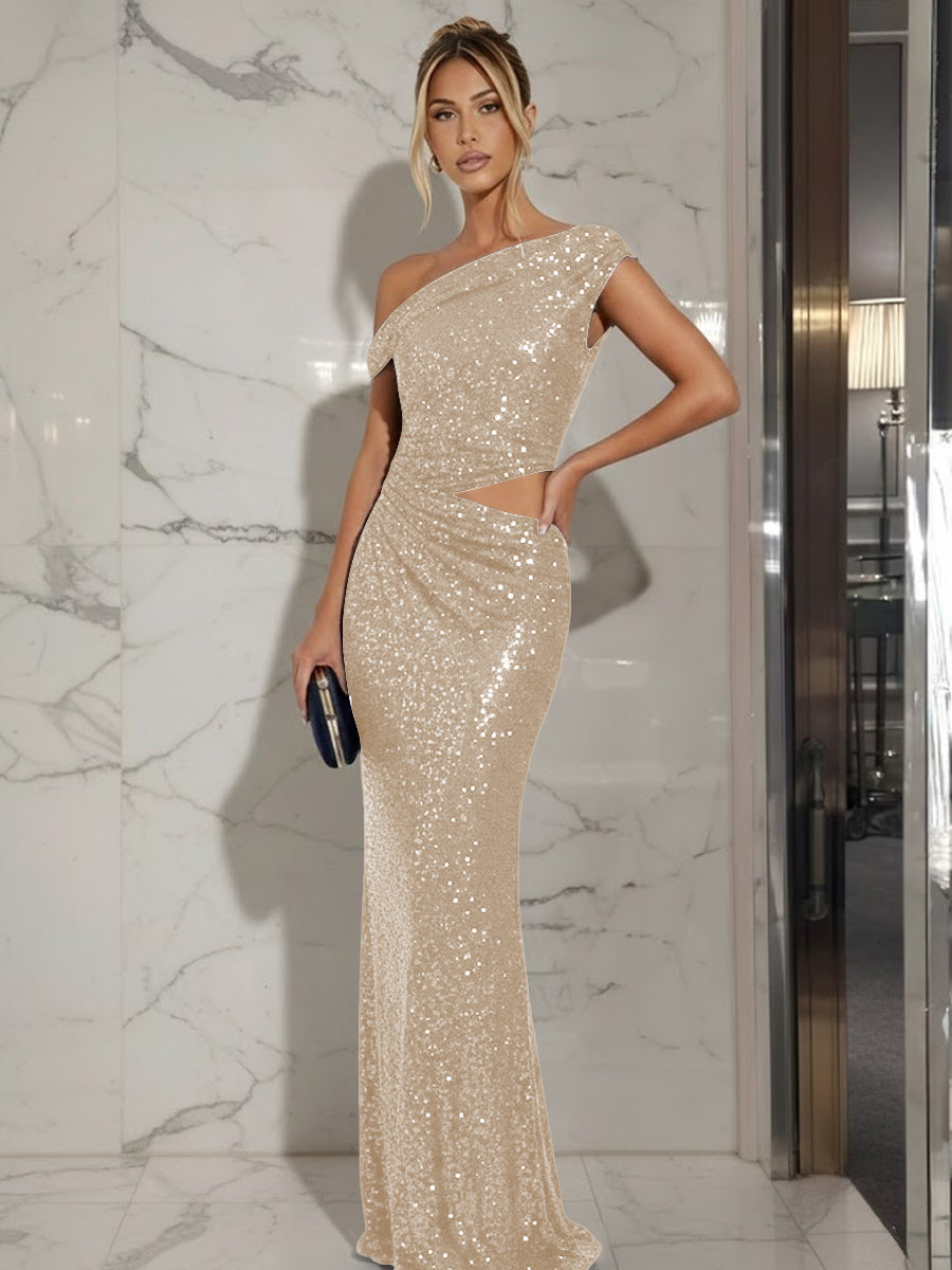 Mermaid/Trumpet Off-Shoulder Sequin Cut-Out Floor-Length Formal Evening Dresses