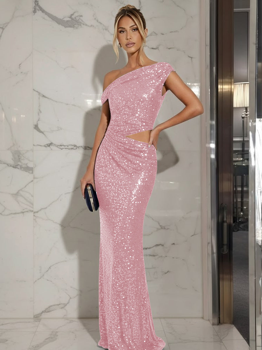 Mermaid/Trumpet Off-Shoulder Sequin Cut-Out Floor-Length Formal Evening Dresses