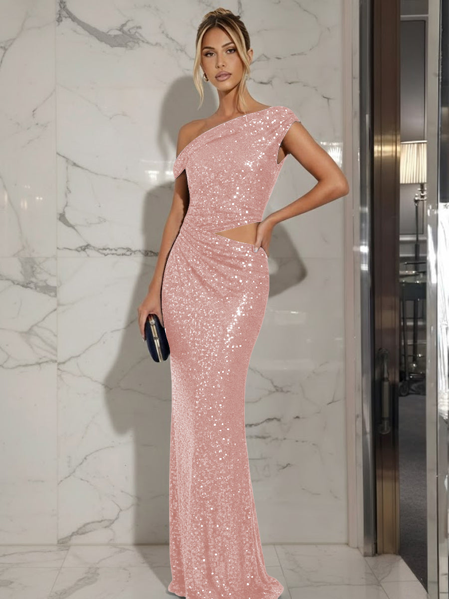 Mermaid/Trumpet Off-Shoulder Sequin Cut-Out Floor-Length Formal Evening Dresses