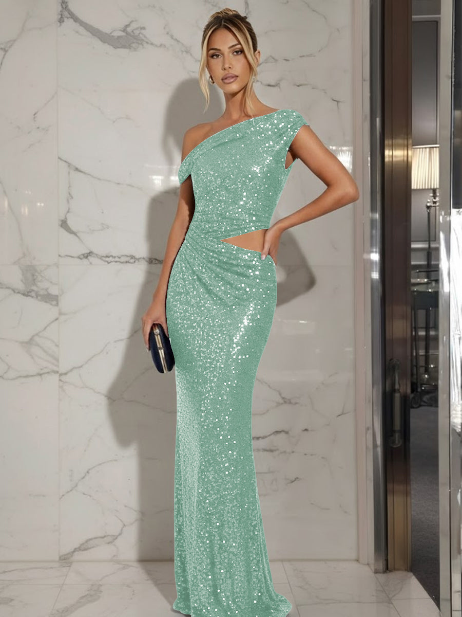 Mermaid/Trumpet Off-Shoulder Sequin Cut-Out Floor-Length Formal Evening Dresses