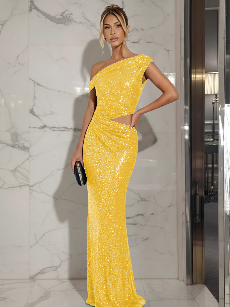 Mermaid/Trumpet Off-Shoulder Sequin Cut-Out Floor-Length Formal Evening Dresses