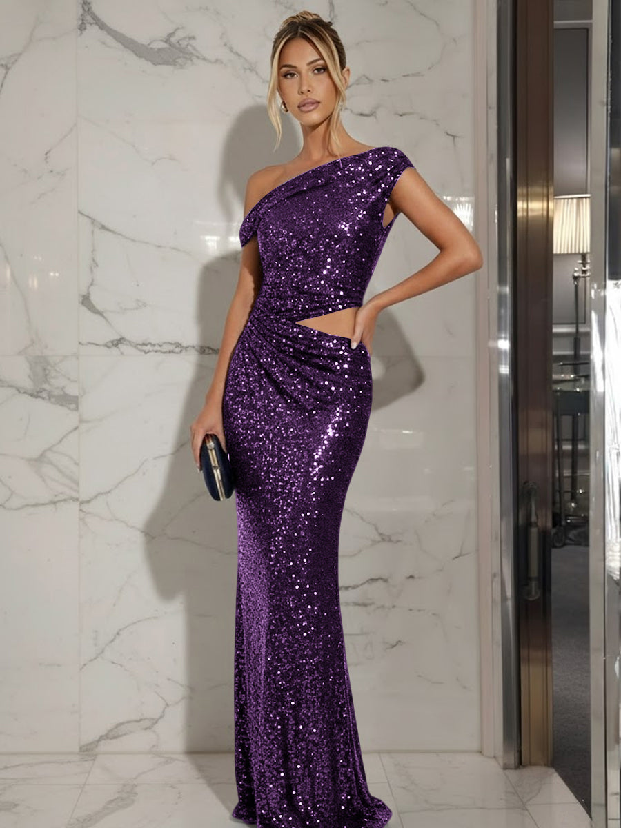 Mermaid/Trumpet Off-Shoulder Sequin Cut-Out Floor-Length Formal Evening Dresses