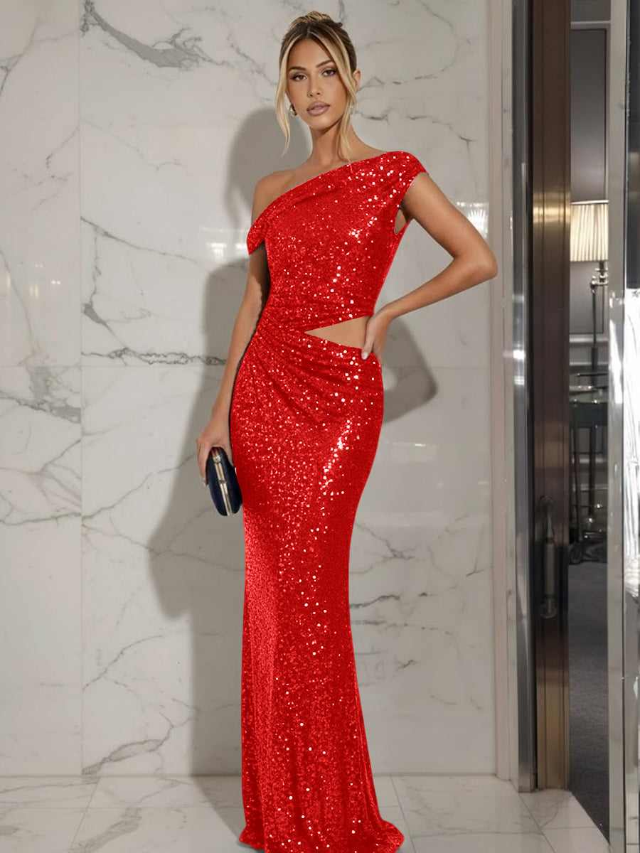 Mermaid/Trumpet Off-Shoulder Sequin Cut-Out Floor-Length Formal Evening Dresses