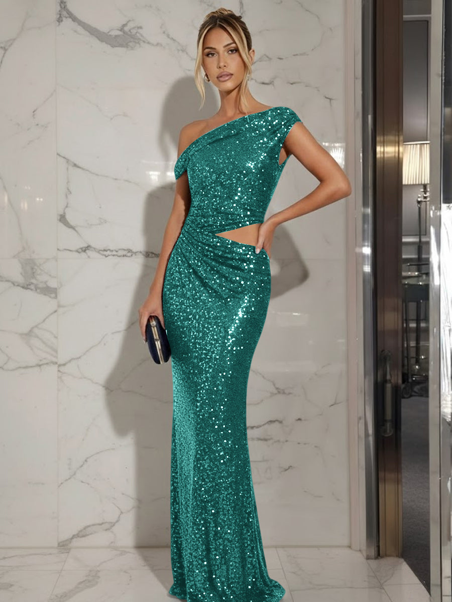 Mermaid/Trumpet Off-Shoulder Sequin Cut-Out Floor-Length Formal Evening Dresses