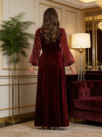 A-Line/Princess V-Neck Velvet Floor-Length Formal Dresses with Long Sleeve