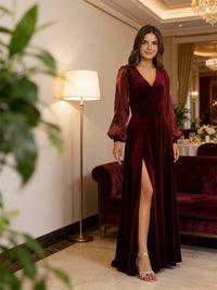 A-Line/Princess V-Neck Velvet Floor-Length Formal Dresses with Long Sleeve