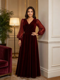 A-Line/Princess V-Neck Velvet Floor-Length Formal Dresses with Long Sleeve