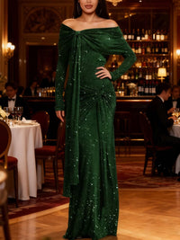Sheath/Column Off Shoulder Long Sleeve Floor-Length Formal Dresses Ruched Evening Gowns