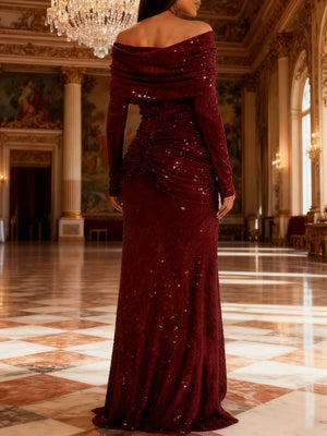 Sheath/Column Off Shoulder Long Sleeve Floor-Length Formal Dresses Ruched Evening Gowns