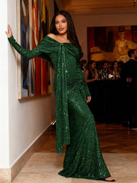 Sheath/Column Off Shoulder Long Sleeve Floor-Length Formal Dresses Ruched Evening Gowns