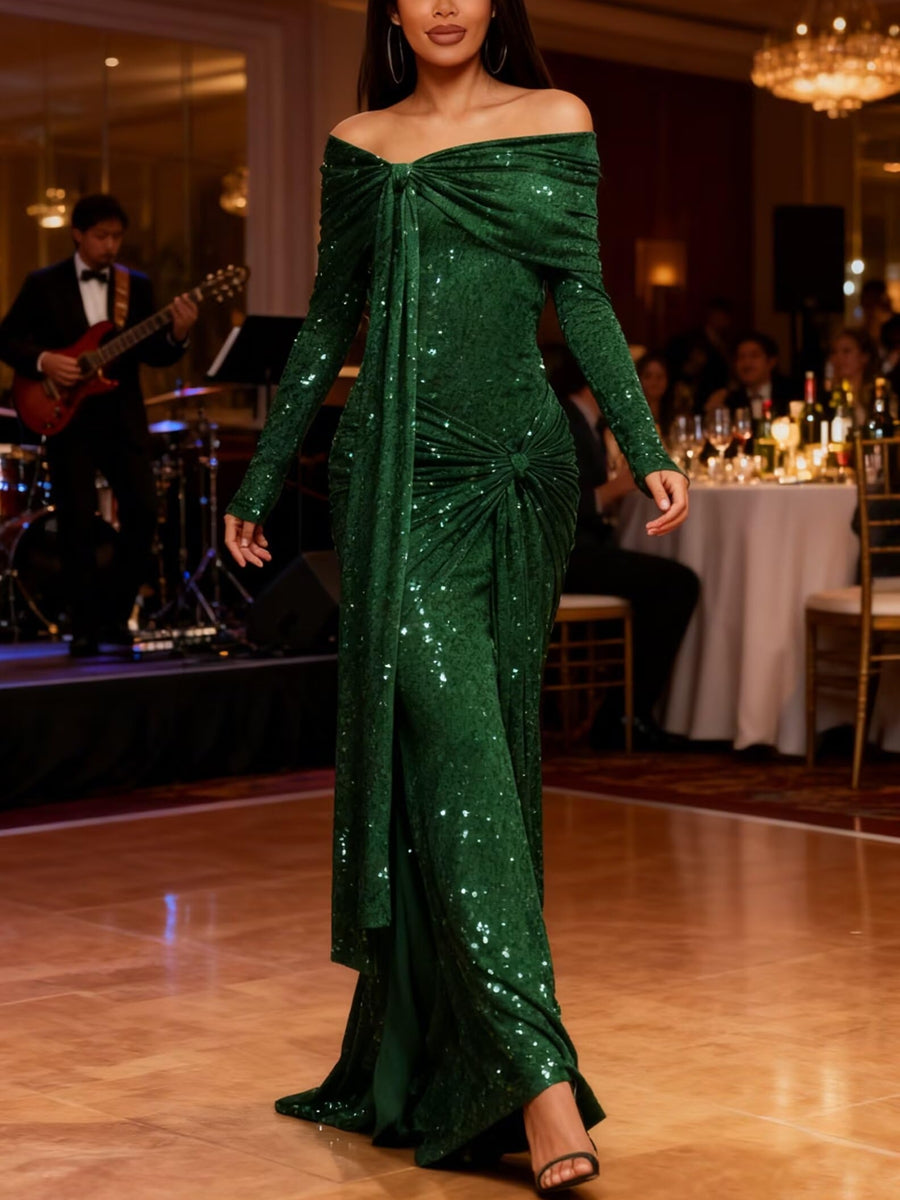 Sheath/Column Off Shoulder Long Sleeve Floor-Length Formal Dresses Ruched Evening Gowns