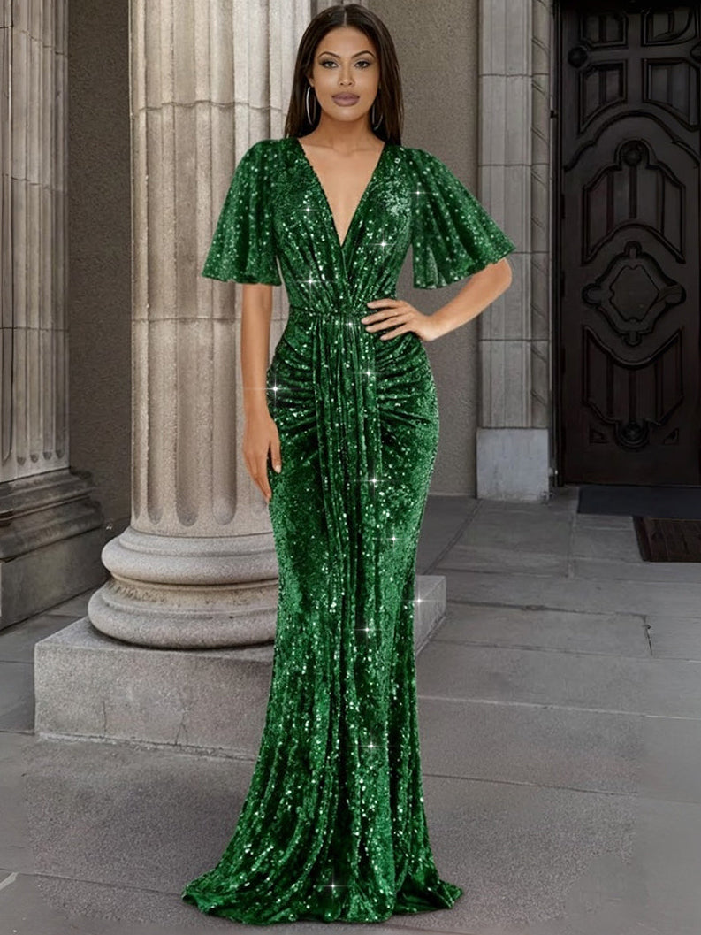Mermaid/Trumpet V Neck Flutter Sleeve Floor-Length Formal Evening Dresses with Sparkly Sequin
