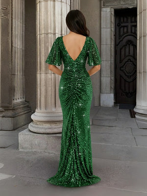 Mermaid/Trumpet V Neck Flutter Sleeve Floor-Length Formal Evening Dresses with Sparkly Sequin