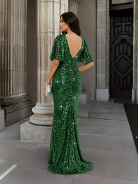 Mermaid/Trumpet V Neck Flutter Sleeve Floor-Length Formal Evening Dresses with Sparkly Sequin