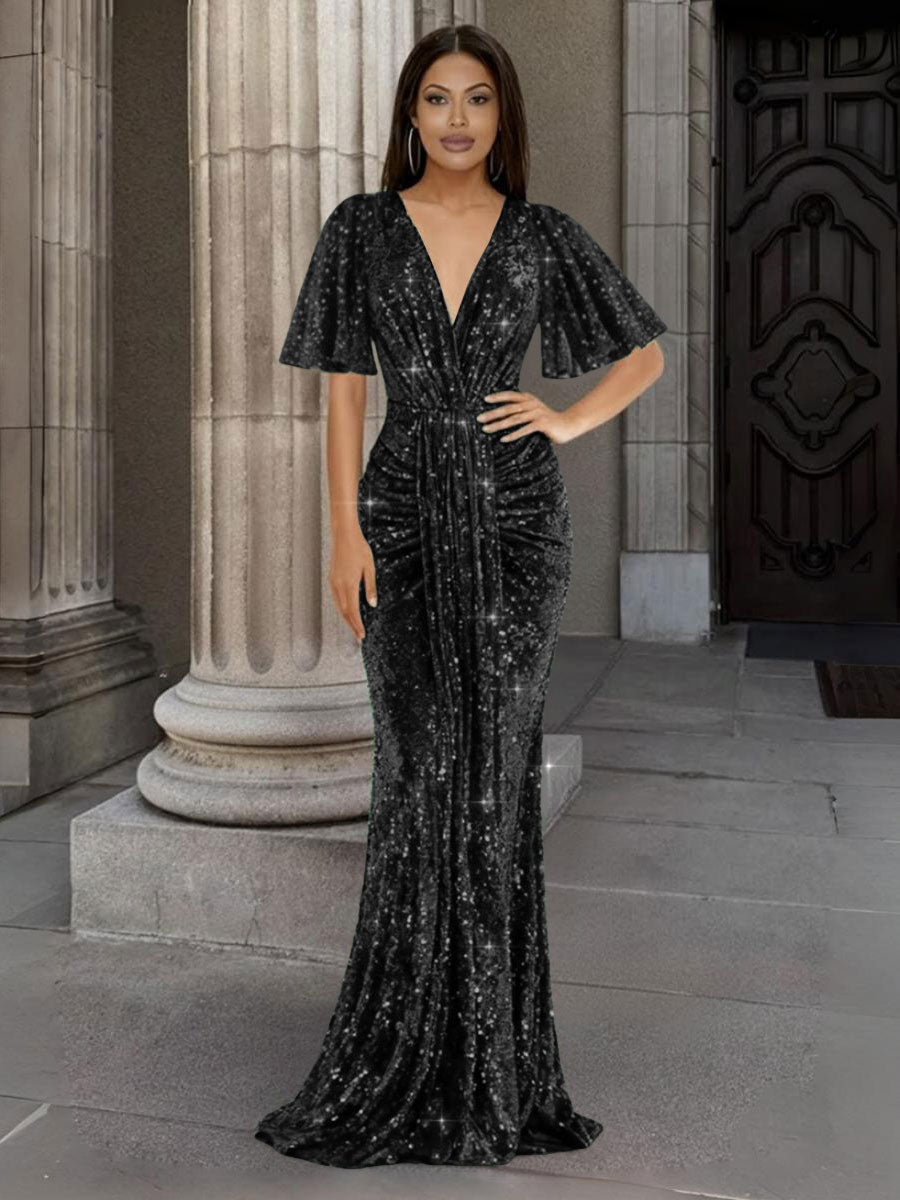 Mermaid/Trumpet V Neck Flutter Sleeve Floor-Length Formal Evening Dresses with Sparkly Sequin