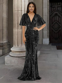 Mermaid/Trumpet V Neck Flutter Sleeve Floor-Length Formal Evening Dresses with Sparkly Sequin