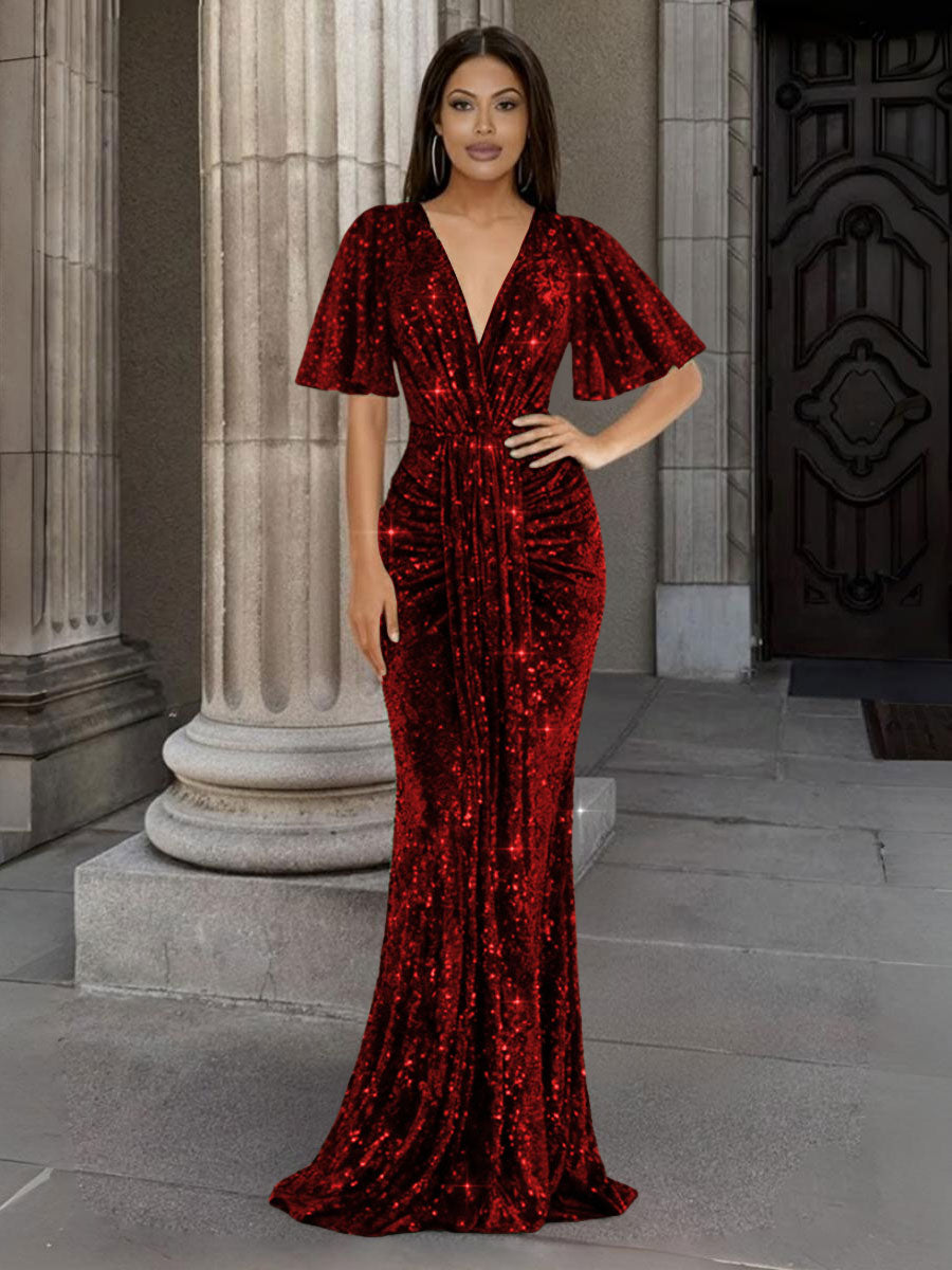 Mermaid/Trumpet V Neck Flutter Sleeve Floor-Length Formal Evening Dresses with Sparkly Sequin