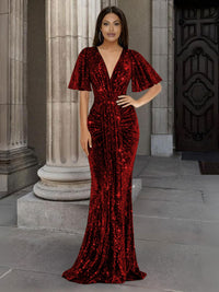 Mermaid/Trumpet V Neck Flutter Sleeve Floor-Length Formal Evening Dresses with Sparkly Sequin
