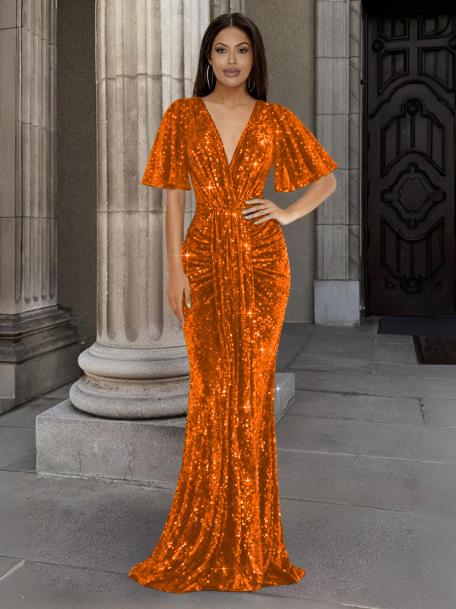 Mermaid/Trumpet V Neck Flutter Sleeve Floor-Length Formal Evening Dresses with Sparkly Sequin