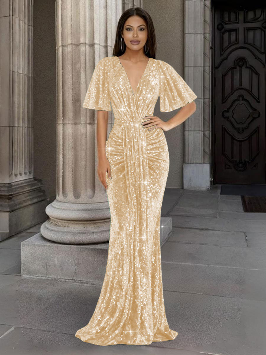 Mermaid/Trumpet V Neck Flutter Sleeve Floor-Length Formal Evening Dresses with Sparkly Sequin