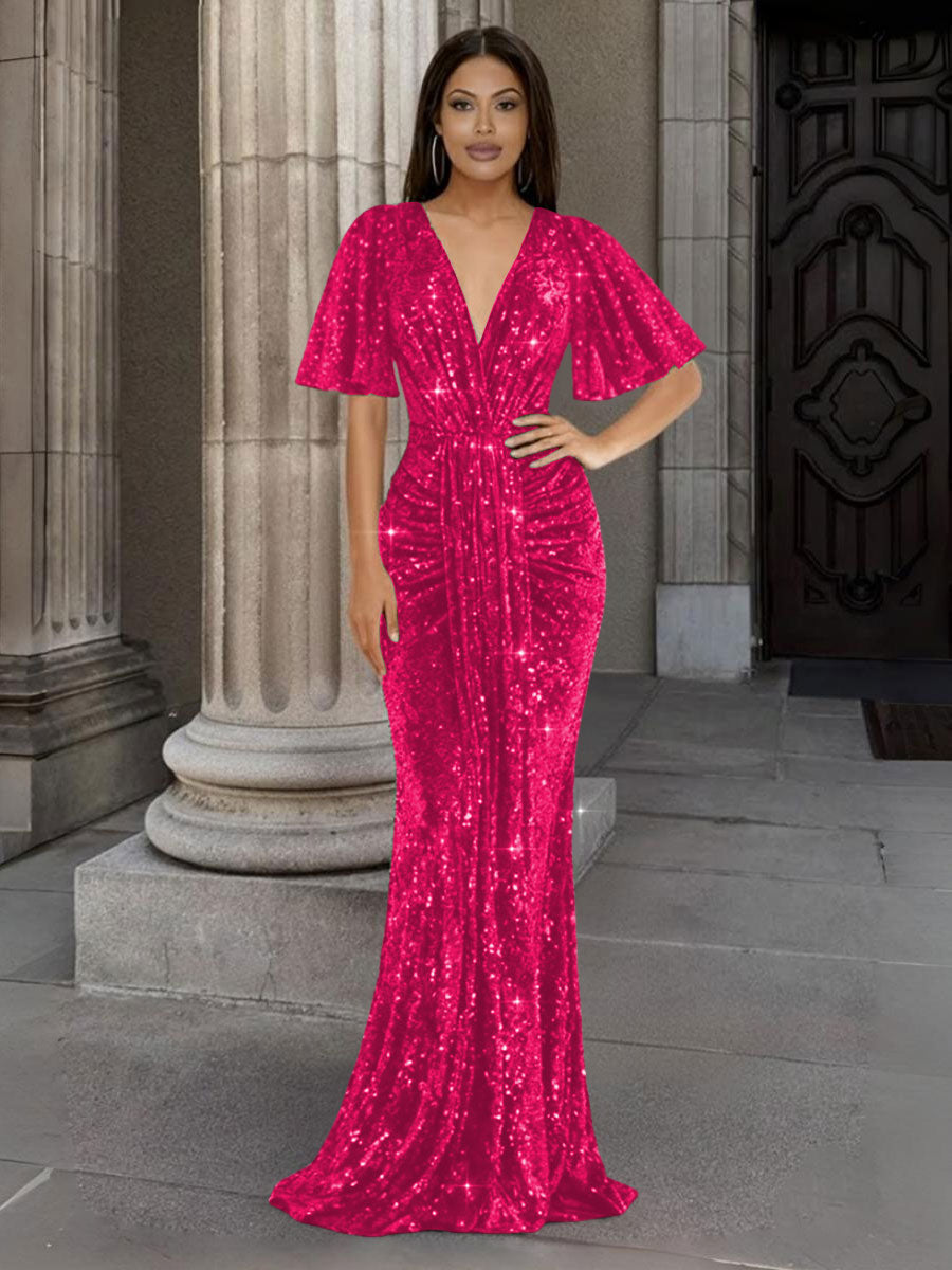 Mermaid/Trumpet V Neck Flutter Sleeve Floor-Length Formal Evening Dresses with Sparkly Sequin