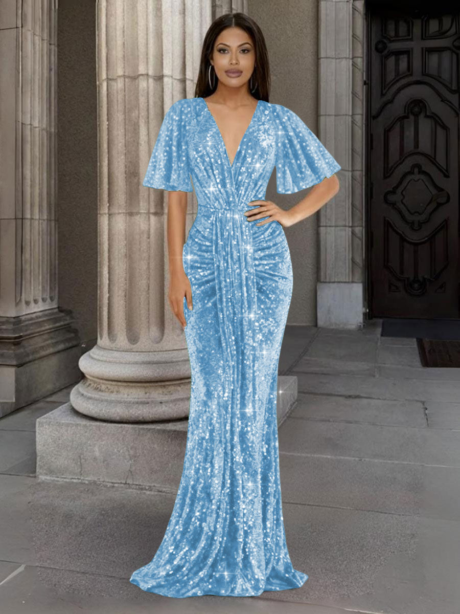 Mermaid/Trumpet V Neck Flutter Sleeve Floor-Length Formal Evening Dresses with Sparkly Sequin