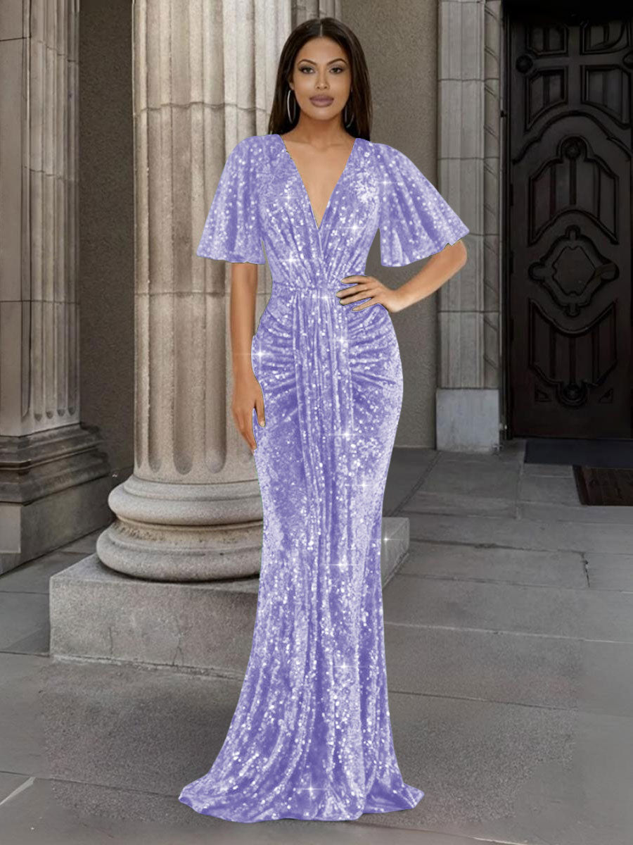 Mermaid/Trumpet V Neck Flutter Sleeve Floor-Length Formal Evening Dresses with Sparkly Sequin