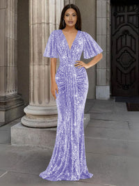 Mermaid/Trumpet V Neck Flutter Sleeve Floor-Length Formal Evening Dresses with Sparkly Sequin