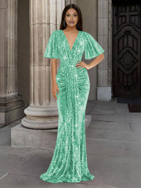 Mermaid/Trumpet V Neck Flutter Sleeve Floor-Length Formal Evening Dresses with Sparkly Sequin