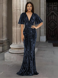 Mermaid/Trumpet V Neck Flutter Sleeve Floor-Length Formal Evening Dresses with Sparkly Sequin