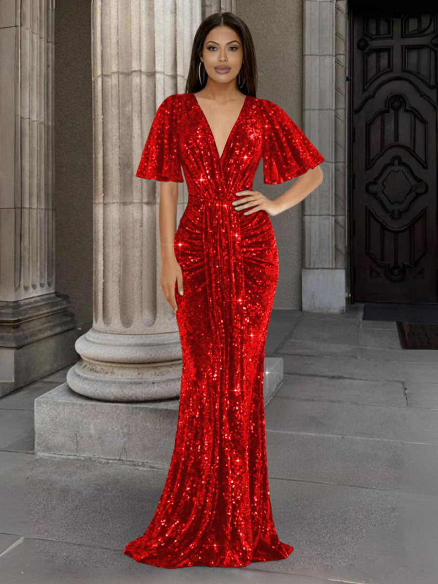 Mermaid/Trumpet V Neck Flutter Sleeve Floor-Length Formal Evening Dresses with Sparkly Sequin