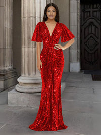 Mermaid/Trumpet V Neck Flutter Sleeve Floor-Length Formal Evening Dresses with Sparkly Sequin