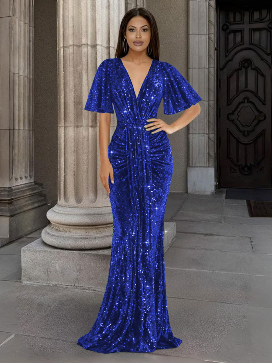 Mermaid/Trumpet V Neck Flutter Sleeve Floor-Length Formal Evening Dresses with Sparkly Sequin