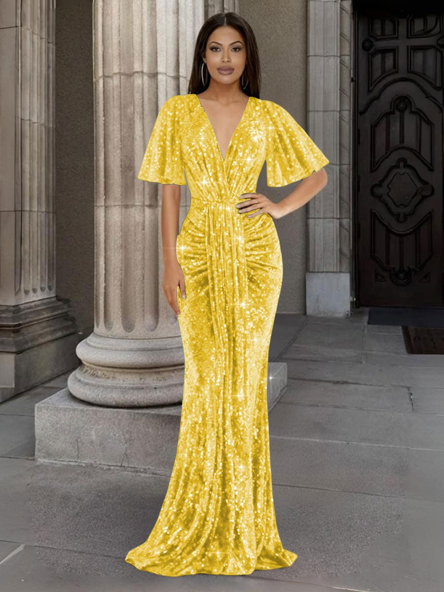 Mermaid/Trumpet V Neck Flutter Sleeve Floor-Length Formal Evening Dresses with Sparkly Sequin