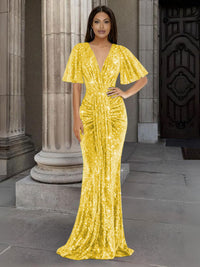 Mermaid/Trumpet V Neck Flutter Sleeve Floor-Length Formal Evening Dresses with Sparkly Sequin