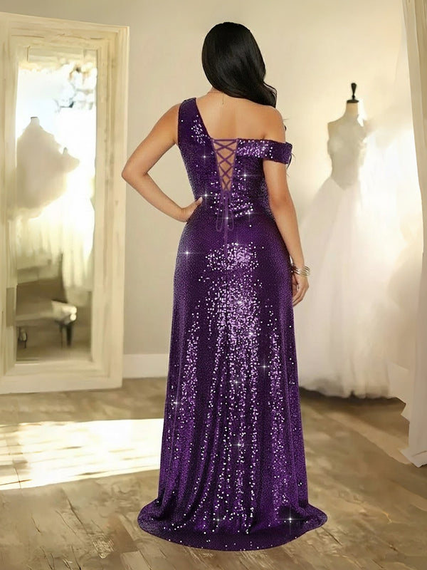 Sheath/Column One Shoulder Ruffle Floor-Length Formal Evening Dresses with Sparkly Sequin