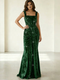 Mermaid/Trumpet Square Neck Ruched Floor-Length Formal Evening Dresses with Sparkly Sequin