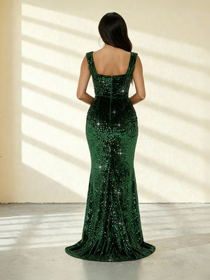 Mermaid/Trumpet Square Neck Ruched Floor-Length Formal Evening Dresses with Sparkly Sequin