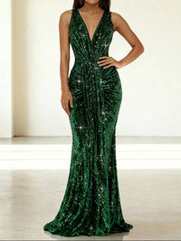 V-Neck Sequin Ruched Prom Gown