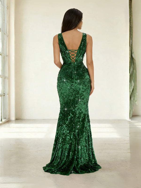 Mermaid/Trumpet V-Neck Ruched Floor-Length Formal Evening Dresses with Sparkly Sequin
