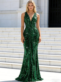Mermaid/Trumpet V-Neck Ruched Floor-Length Formal Evening Dresses with Sparkly Sequin