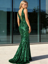 Mermaid/Trumpet V-Neck Ruched Floor-Length Formal Evening Dresses with Sparkly Sequin