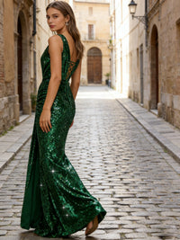 Mermaid/Trumpet V-Neck Ruched Floor-Length Formal Evening Dresses with Sparkly Sequin