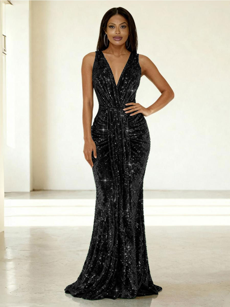 Mermaid/Trumpet V-Neck Ruched Floor-Length Formal Evening Dresses with Sparkly Sequin
