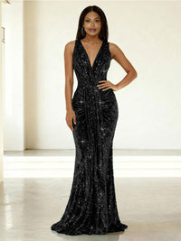Mermaid/Trumpet V-Neck Ruched Floor-Length Formal Evening Dresses with Sparkly Sequin