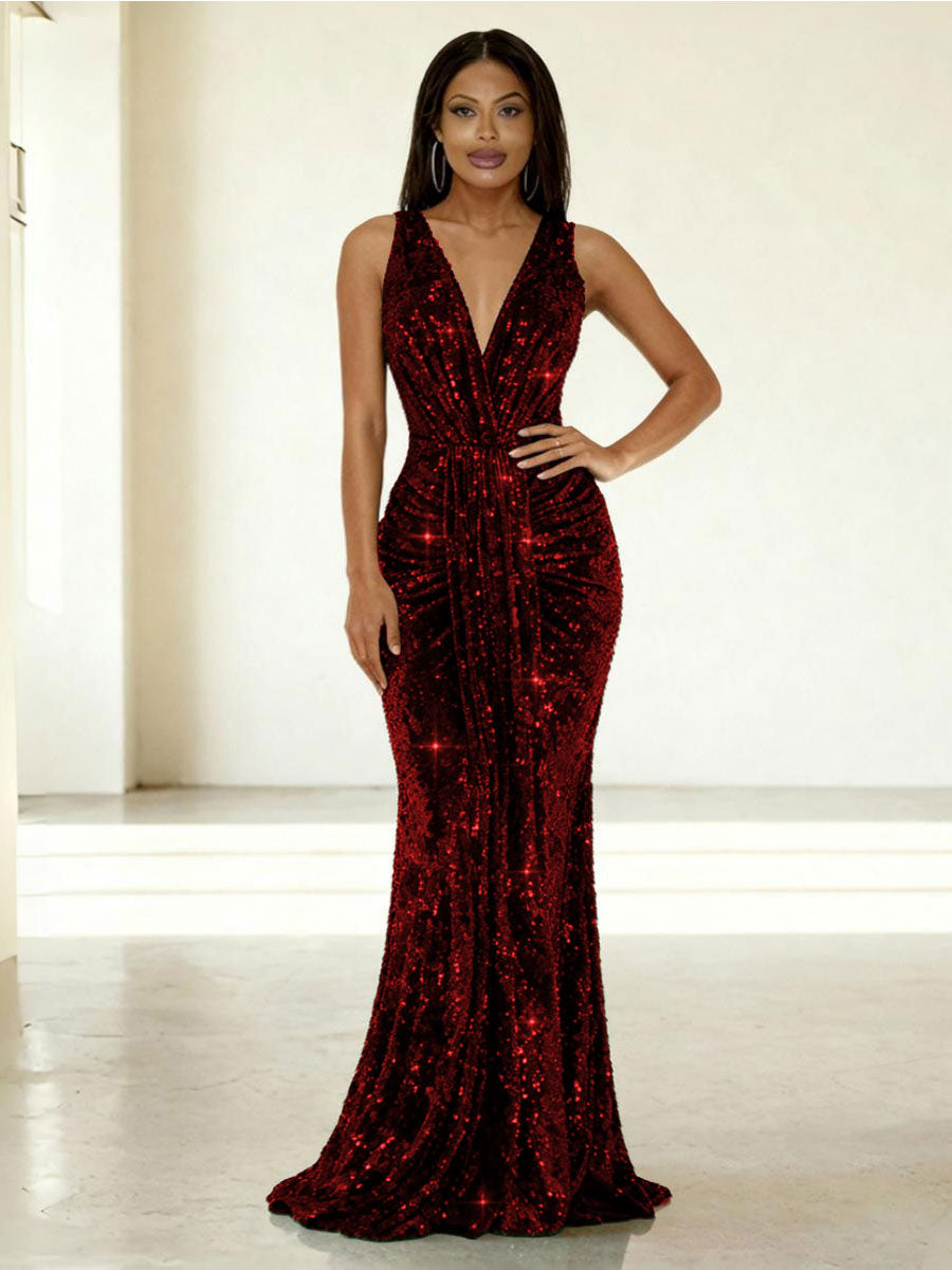 Shirees Burgundy Mermaid/Trumpet V-Neck Ruched Floor-Length Formal Evening Formal Dresses with Sparkly Sequin 2026 Shirees Burgundy Mermaid/Trumpet V-Neck Ruched Floor-Length Formal Evening Formal Dresses with Sparkly Sequin 2026