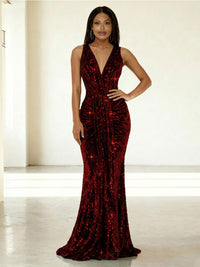 Mermaid/Trumpet V-Neck Ruched Floor-Length Formal Evening Dresses with Sparkly Sequin