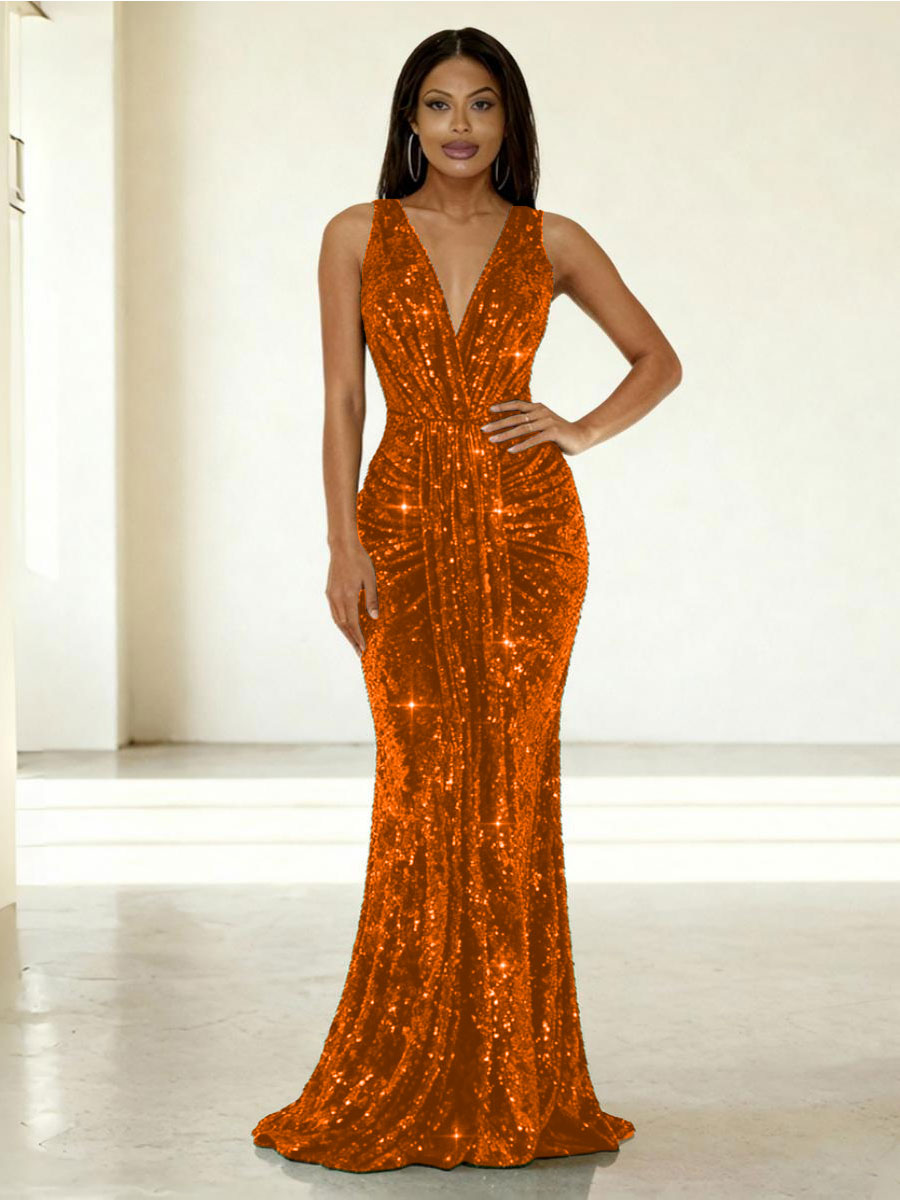 Mermaid/Trumpet V-Neck Ruched Floor-Length Formal Evening Dresses with Sparkly Sequin