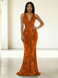 Mermaid/Trumpet V-Neck Ruched Floor-Length Formal Evening Dresses with Sparkly Sequin